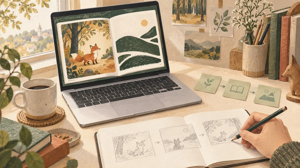 絵本の構想を紙で確かめながらノートPCで試作する様子を描いたイラスト