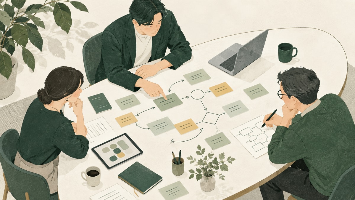 テーブルを囲み、業務の流れを一緒に整理・設計する人々のイラスト
