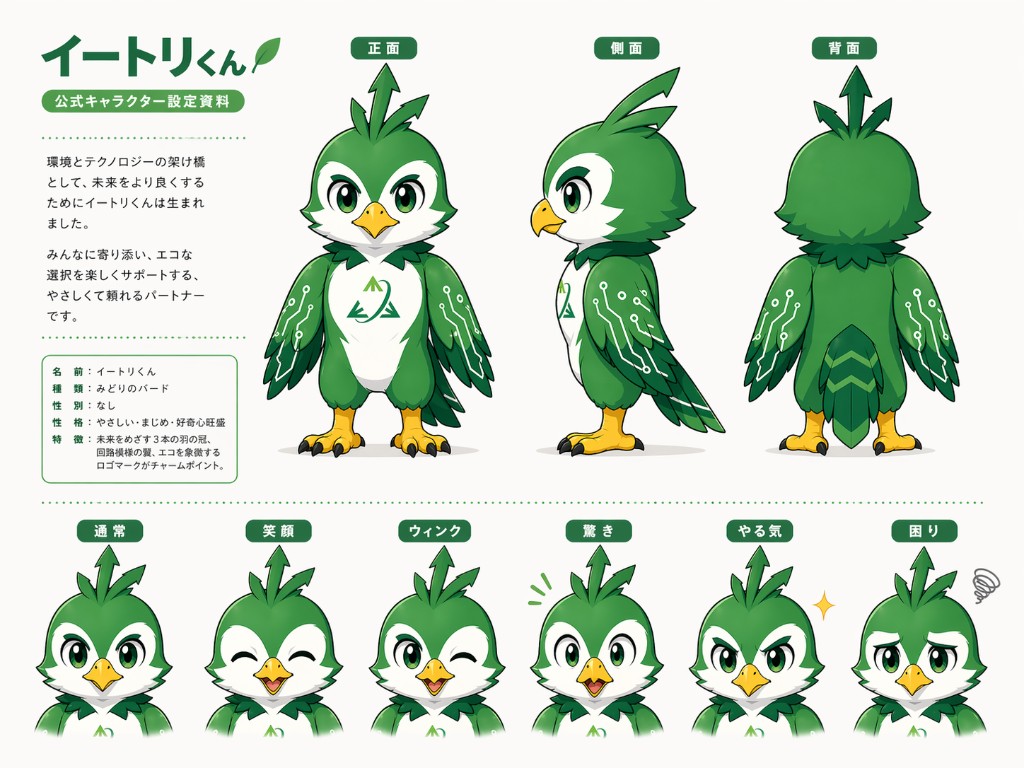 イートリくんの三面図と表情差分をまとめた設定資料